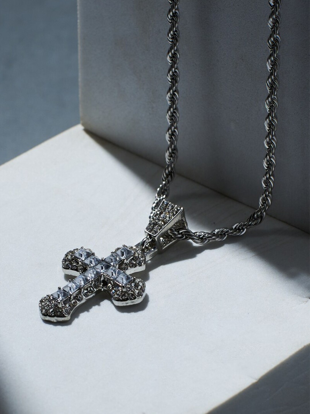 

SALTY Men Stone-Studded Cross-Charm Pendants with Chain, Silver