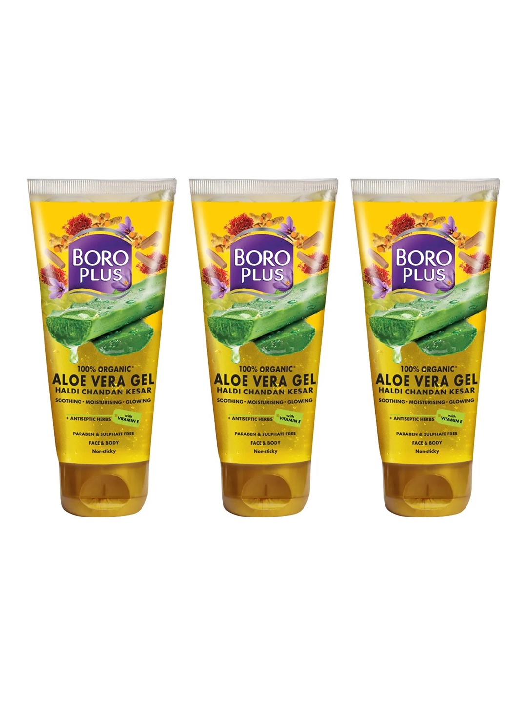 

BOROPLUS Set of 3 100% Organic Aloe Vera Gel with Haldi Chandan & Kesar - 150ml each, Yellow