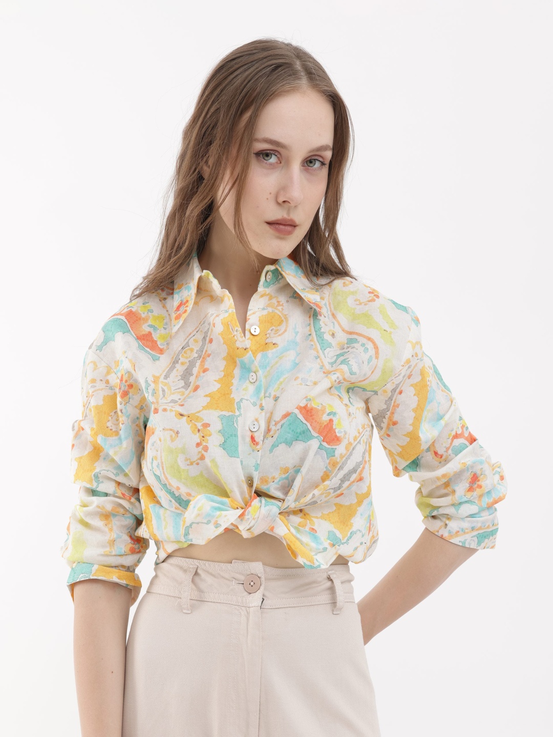

RAREISM Ethnic Motifs Print Cotton Shirt Style Top, White