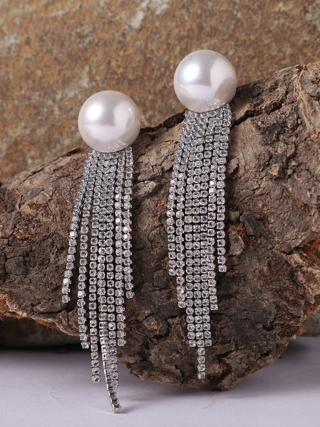 

PATOLA BY VJ Silver Plated Stone Studded & Pearl Tasselled Drop Earrings