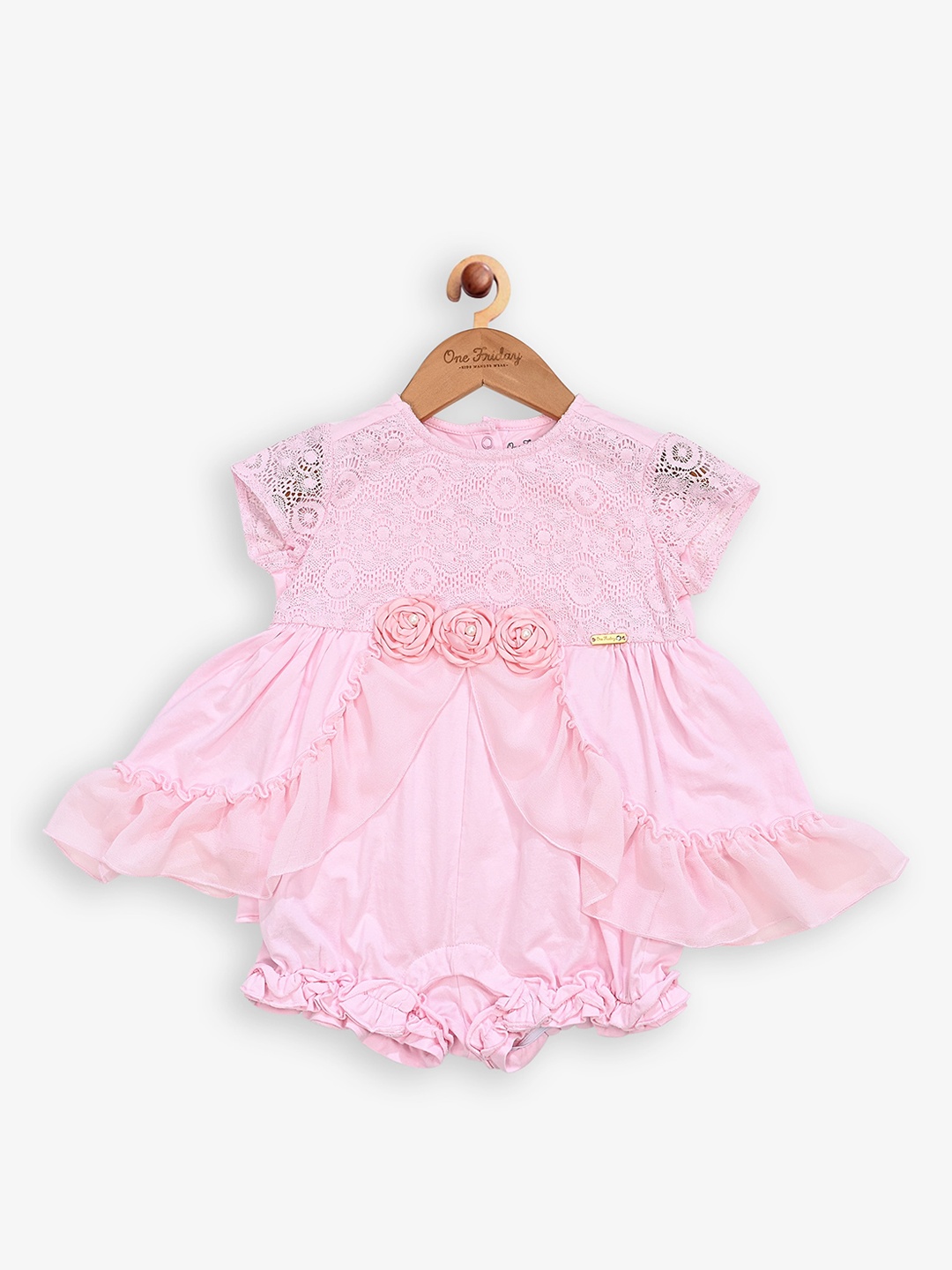 

One Friday Girls Floral Self Design Cotton Dress, Pink