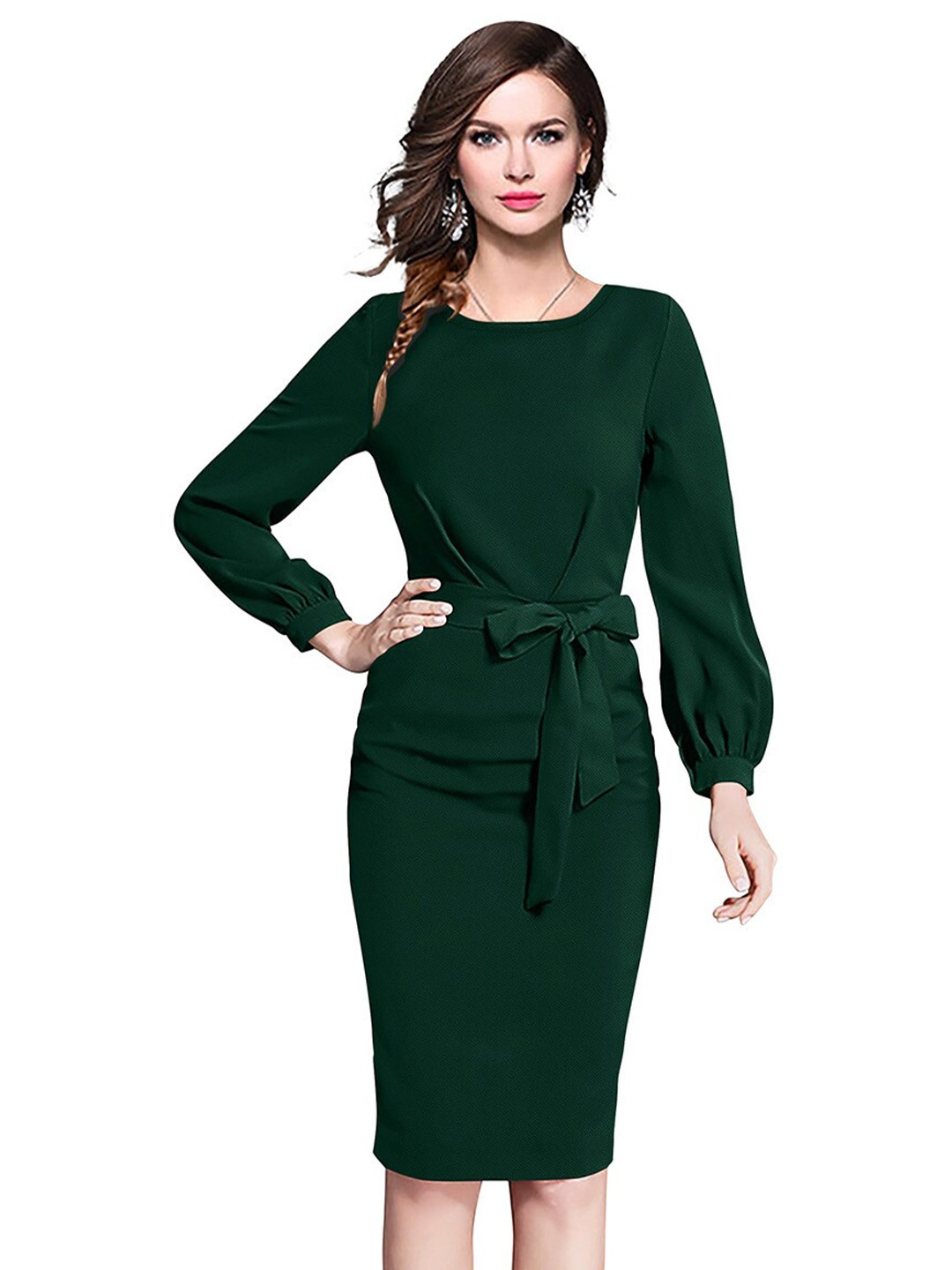 

ODETTE Cuffed Sleeves Tie-Ups Acrylic Bodycon Dress, Green