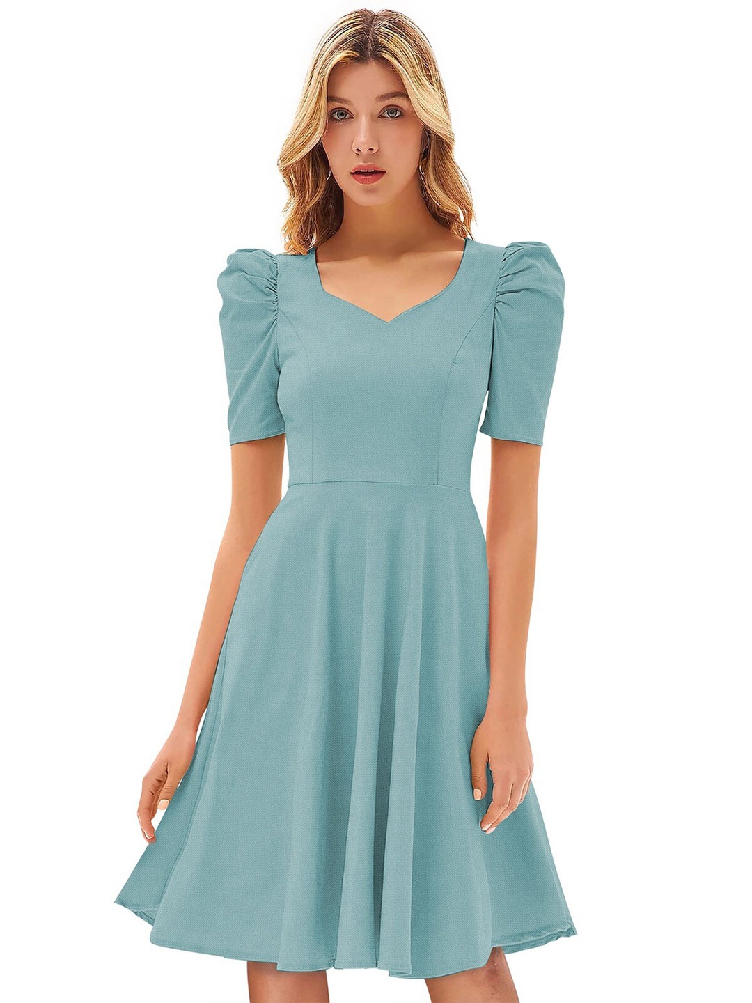 

ODETTE Sweetheart Neck Puff Sleeve Acrylic Fit & Flare Dress, Green