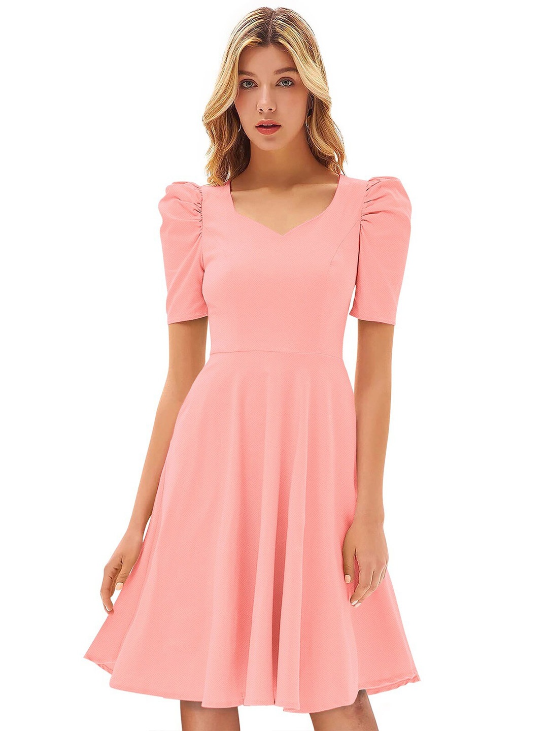 

ODETTE Sweetheart Neck Puff Sleeve Acrylic Fit & Flare Dress, Peach