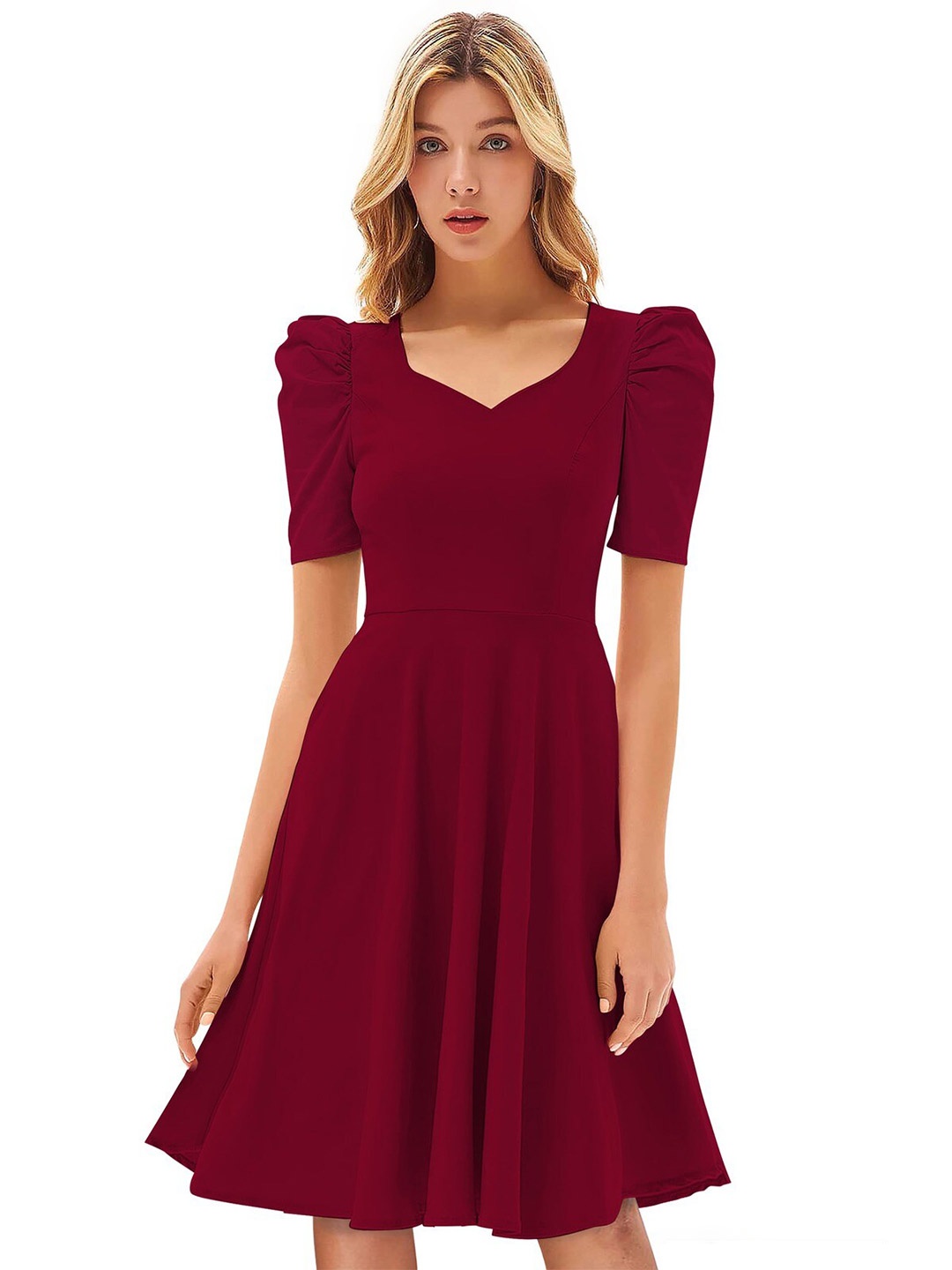 

ODETTE Sweetheart Neck Puff Sleeve Acrylic Fit & Flare Dress, Maroon