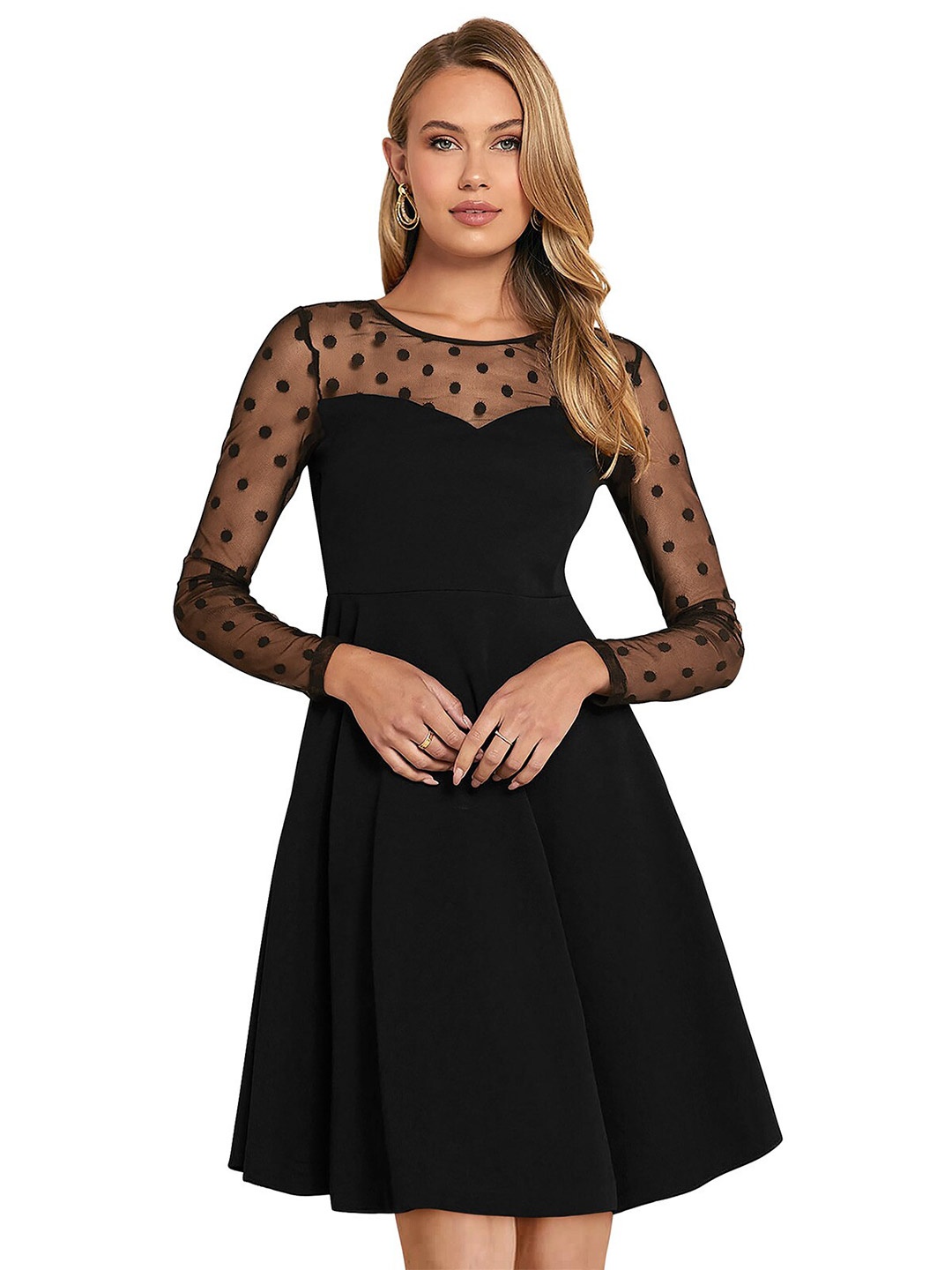 

ODETTE Round Neck Long Sleeves Fit & Flare Dress, Black