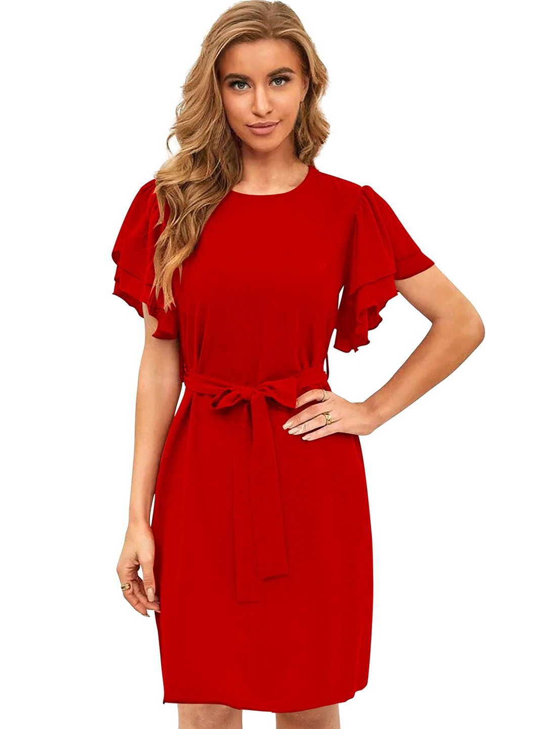 

ODETTE Flutter Sleeve Tie-Ups A-Line Dress, Red