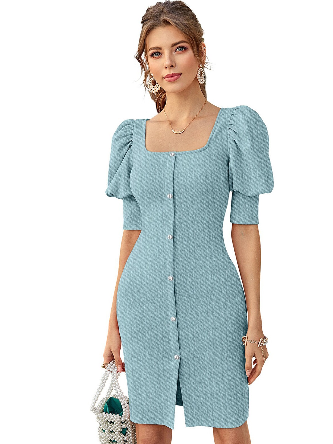 

ODETTE Square Neck Puff Sleeve Acrylic A-Line Dress, Green