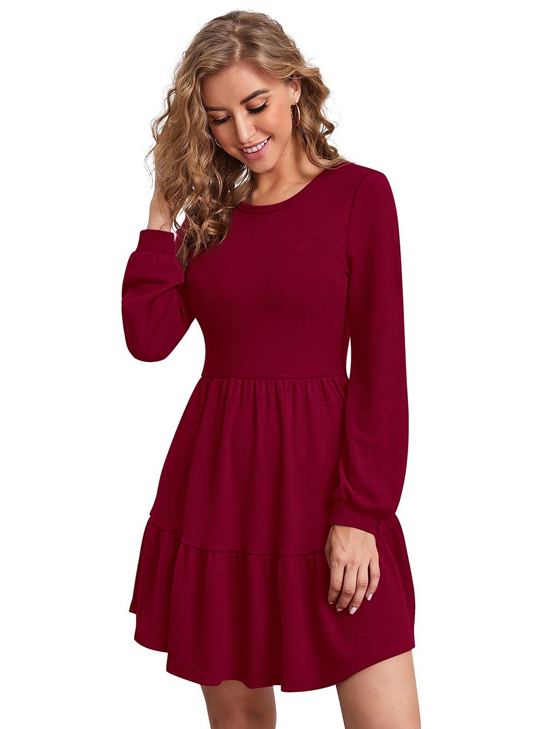 

ODETTE Puff Sleeve Acrylic Fit & Flare Dress, Maroon