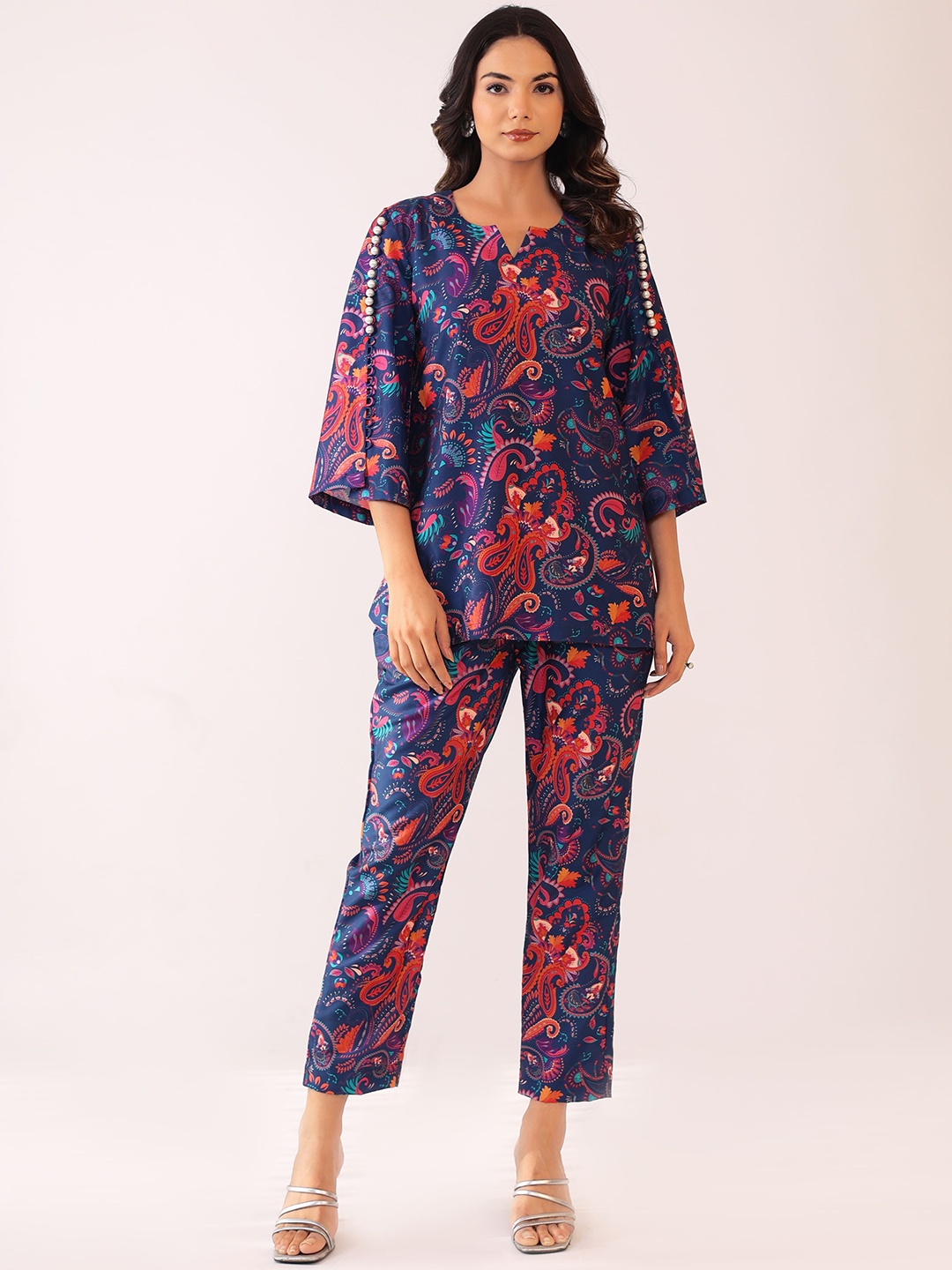 

KAORI BY SHREYA AGARWAL Floral Printed Top With Trouser Co-Ords, Navy blue