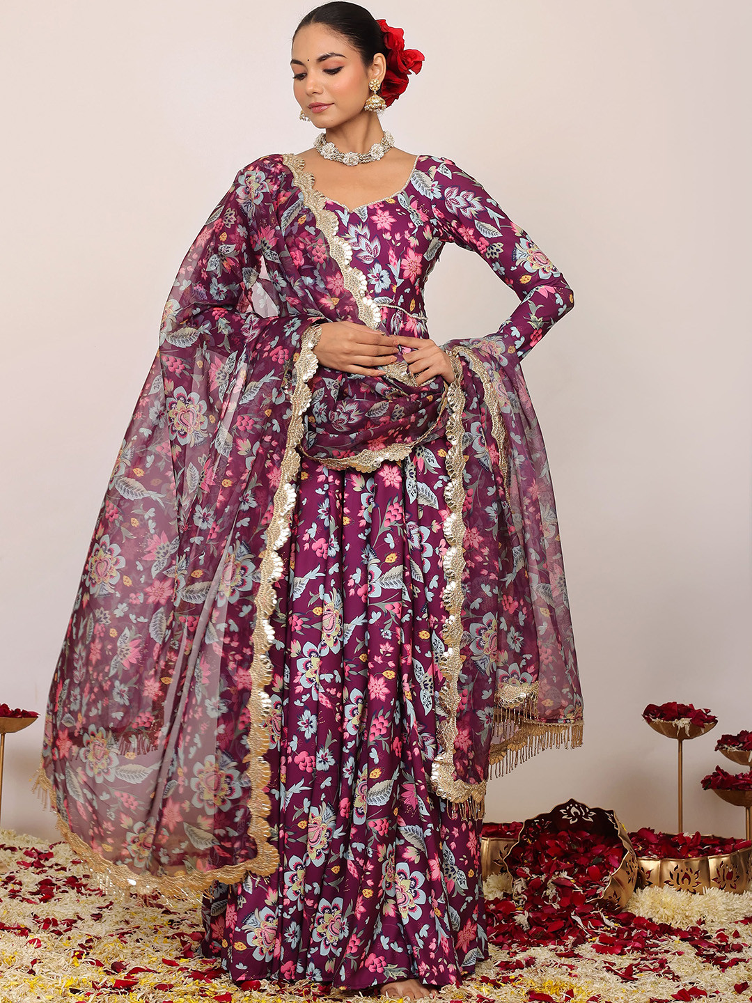 

KAORI BY SHREYA AGARWAL Floral Printed Flared Sleeves Thread Work Anarkali Kurta, Purple