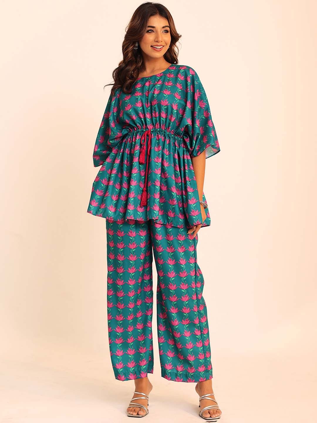 KAORI BY SHREYA AGARWAL Floral Printed Tunic With Trouser Co-Ords, Blue