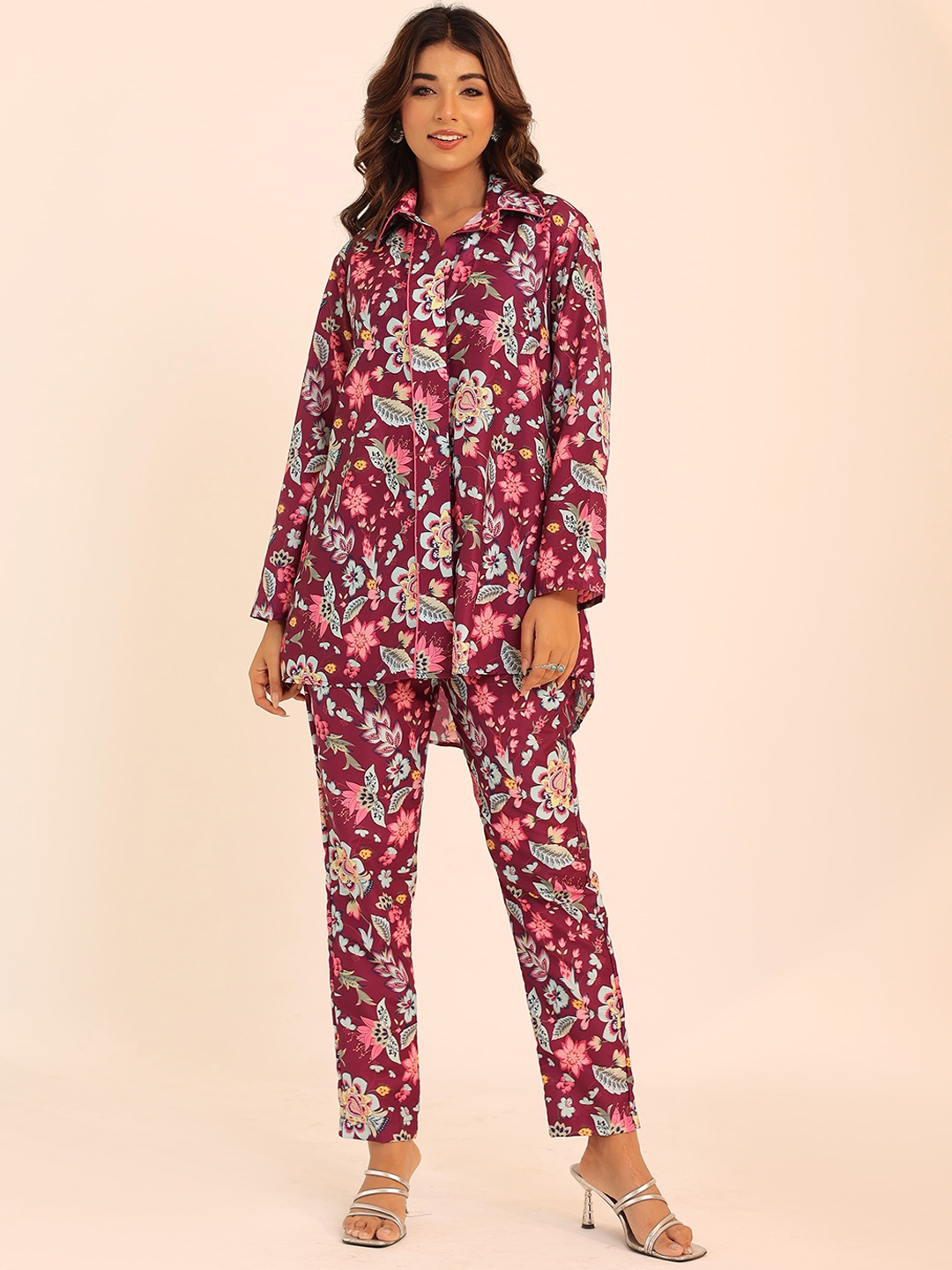 

KAORI BY SHREYA AGARWAL Floral Printed Shirt With Trouser Co-Ords, Purple