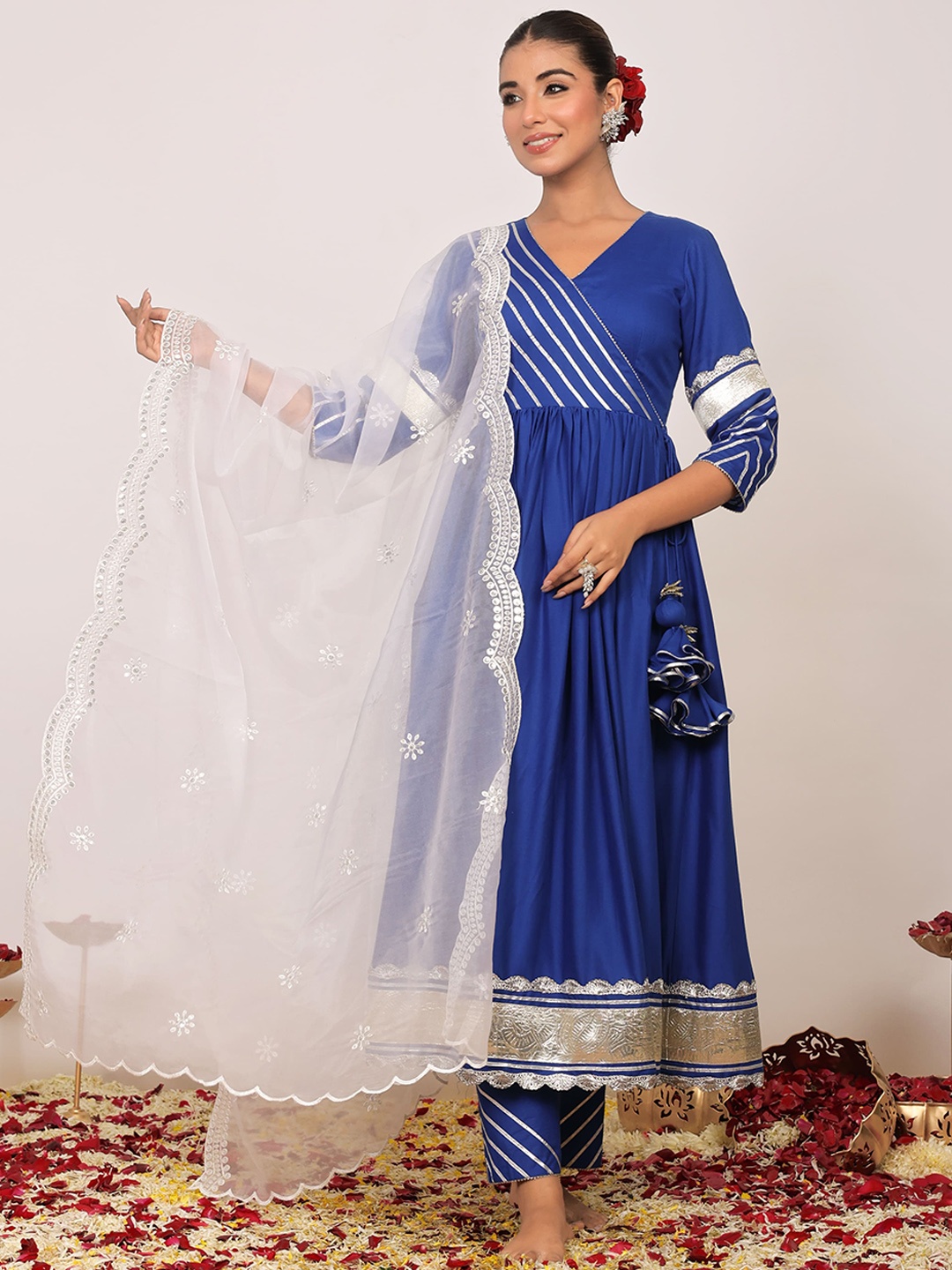 

KAORI BY SHREYA AGARWAL Embroidered Angrakha Gotta Patti Kurta with Trousers & Dupatta, Blue