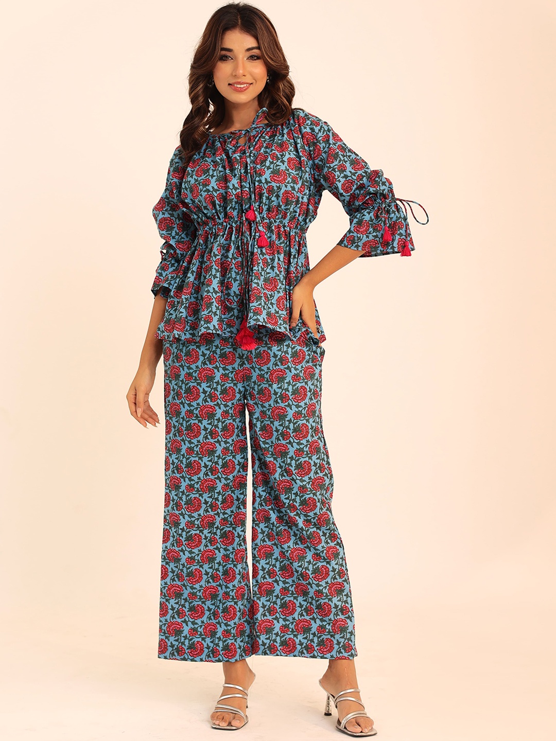 KAORI BY SHREYA AGARWAL Floral Printed Tunic With Trouser Co-Ords, Blue