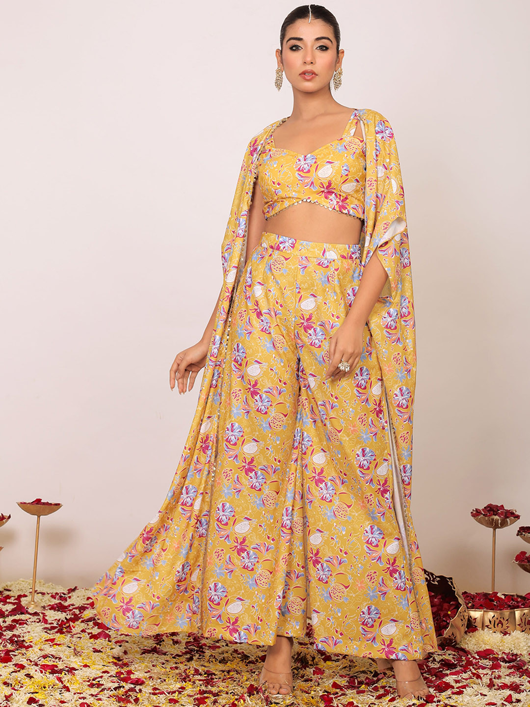 

KAORI BY SHREYA AGARWAL Floral Printed Shoulder Straps Top & Palazzo With Shrug Co-Ords, Yellow