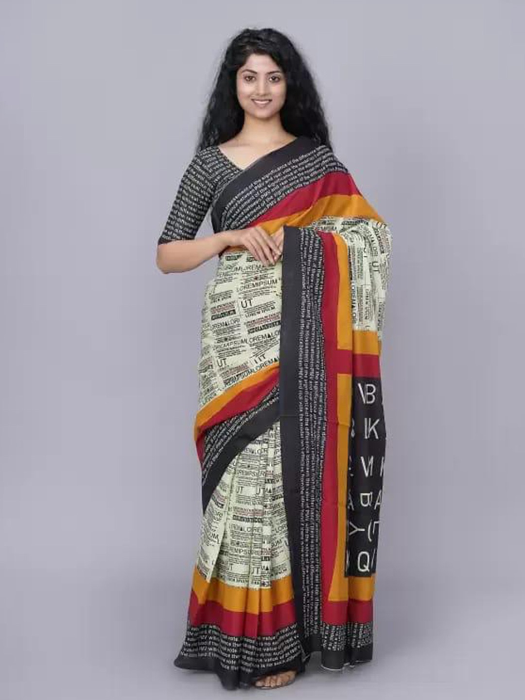 

JALTHER Ethnic Motifs Block Print Saree, Cream