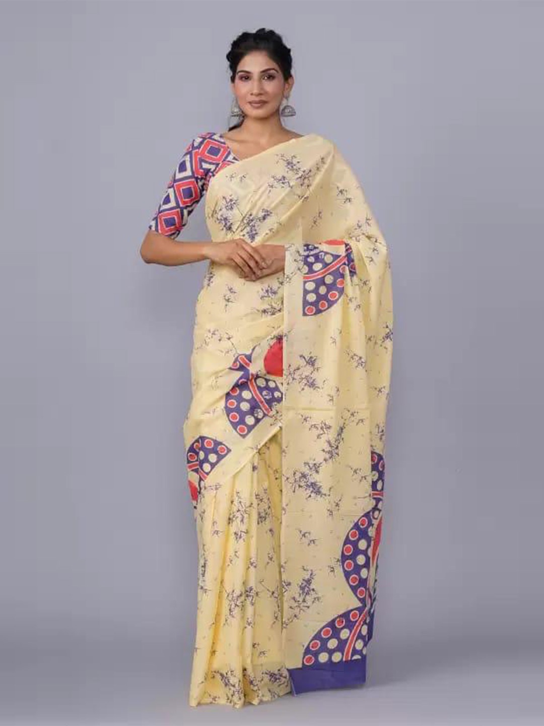 

JALTHER Abstract Block Print Saree, Cream