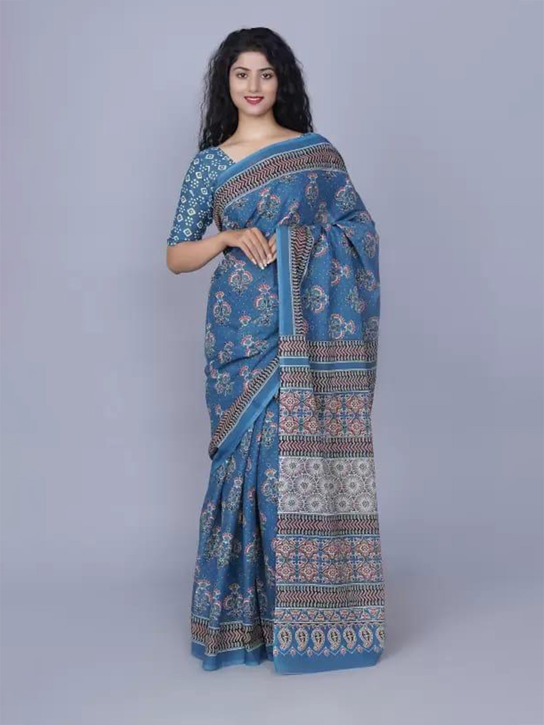 

JALTHER Ethnic Motifs Pure Cotton Block Print Saree, Blue