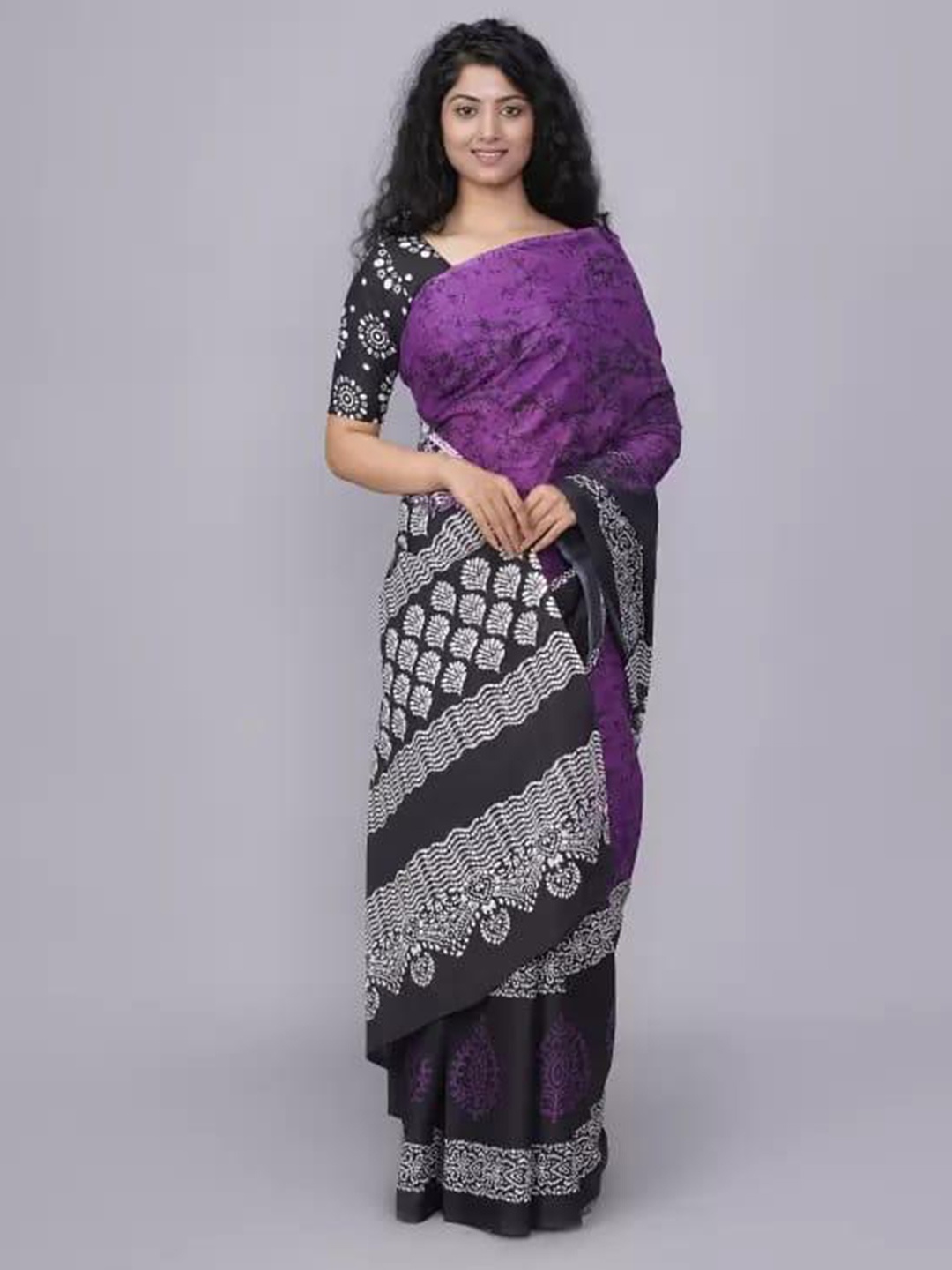 

JALTHER Tie And Dye Pure Cotton Block Print Saree, Purple