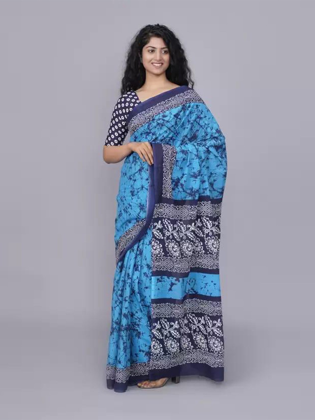

JALTHER Ethnic Motifs Block Print Saree, Blue