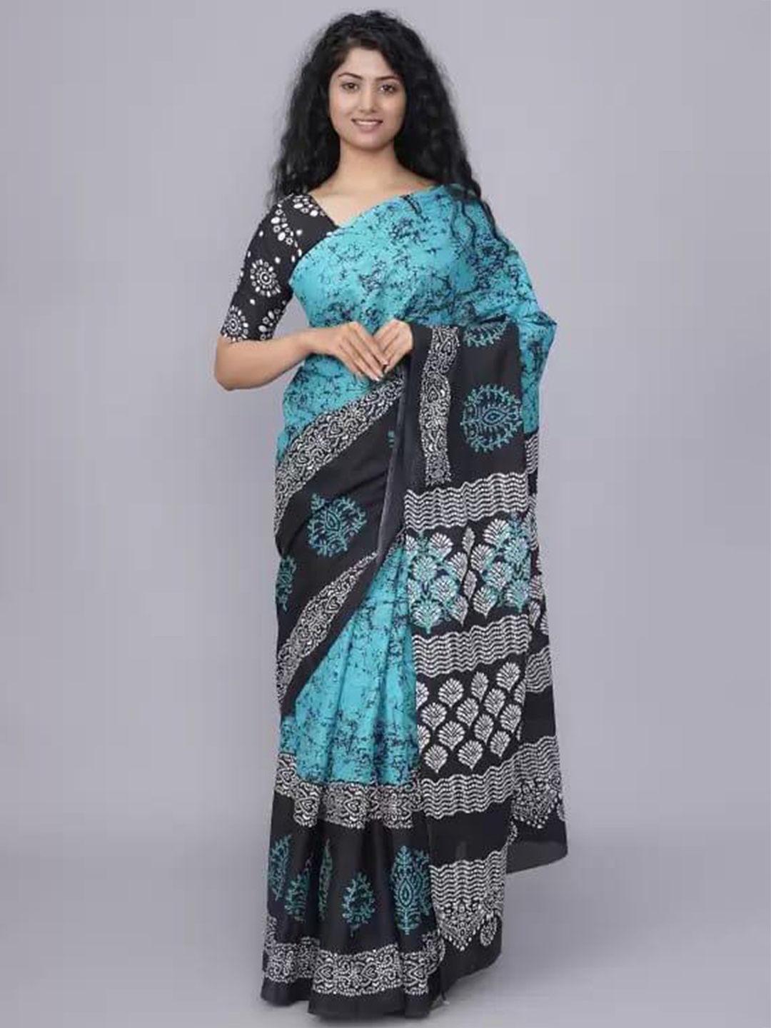 

JALTHER Tie And Dye Block Print Saree, Blue