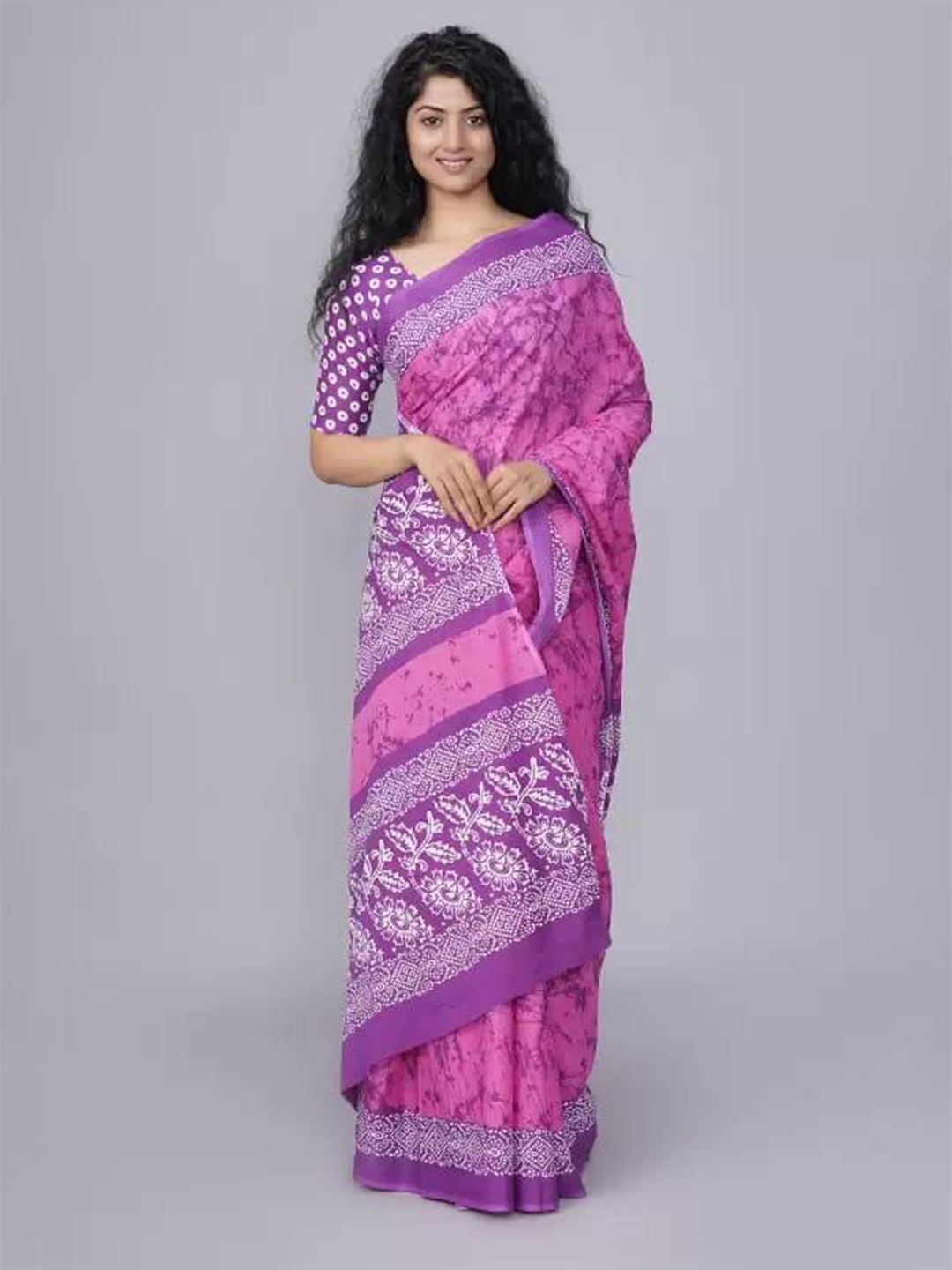 

JALTHER Tie And Dye Pure Cotton Block Print Saree, Pink