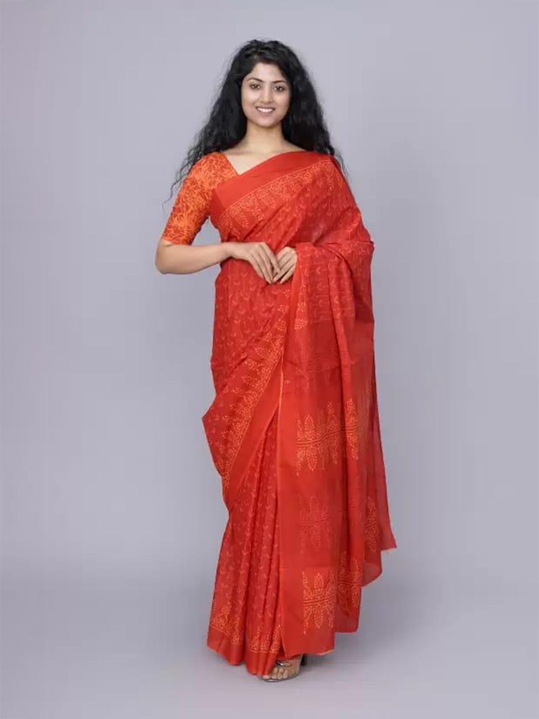 

JALTHER Ethnic Motifs Pure Cotton Block Print Saree, Orange