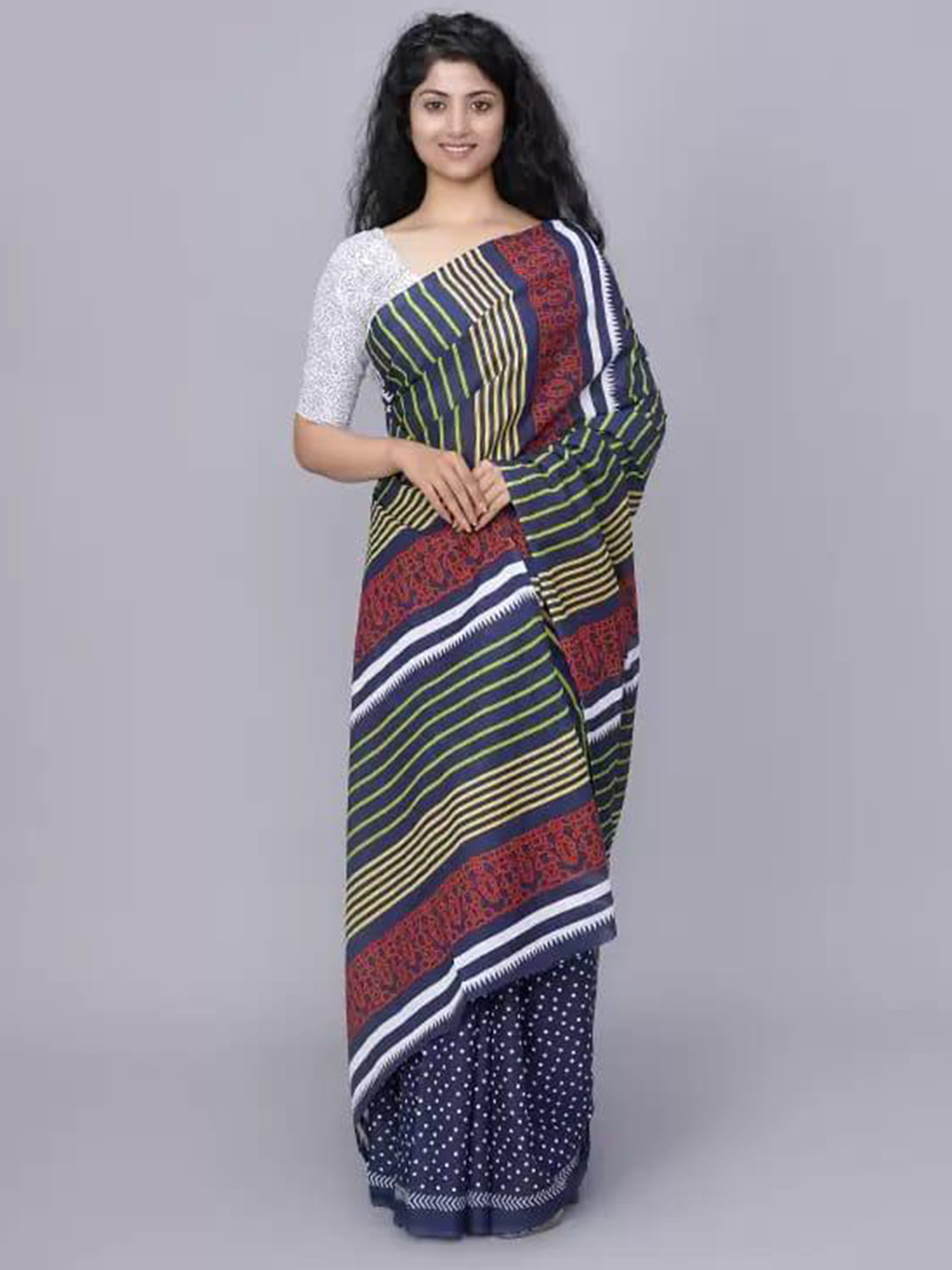 

JALTHER Striped Pure Cotton Block Print Saree, Blue