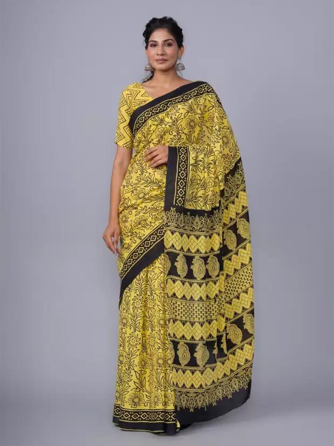 

JALTHER Ethnic Motifs Pure Cotton Block Print Saree, Yellow