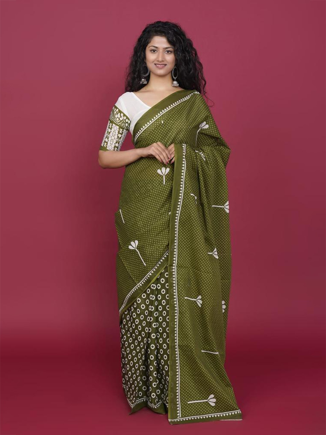 

JALTHER Ethnic Motifs Block Print Saree, Green