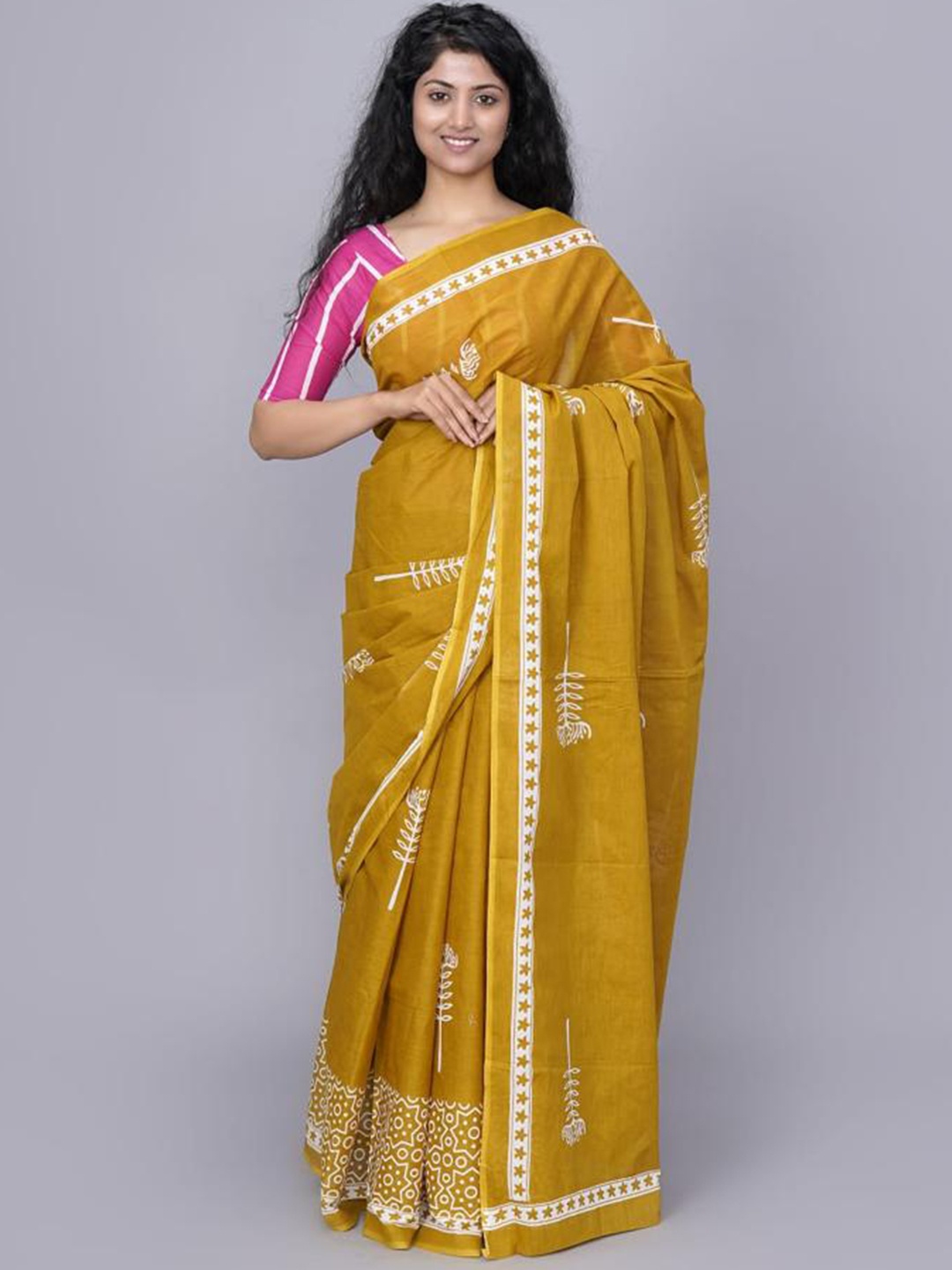 

JALTHER Ethnic Motifs Block Print Saree, Mustard