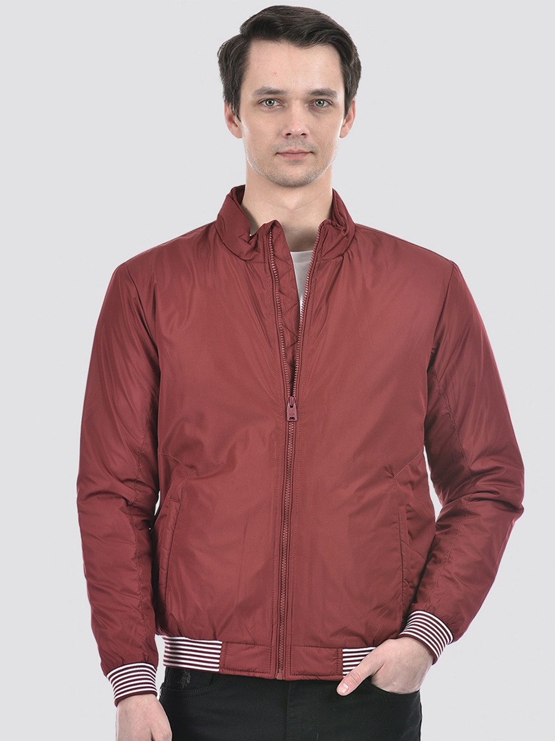 

Numero Uno Mock Collar Long Sleeves Lightweight Bomber Jacket, Maroon