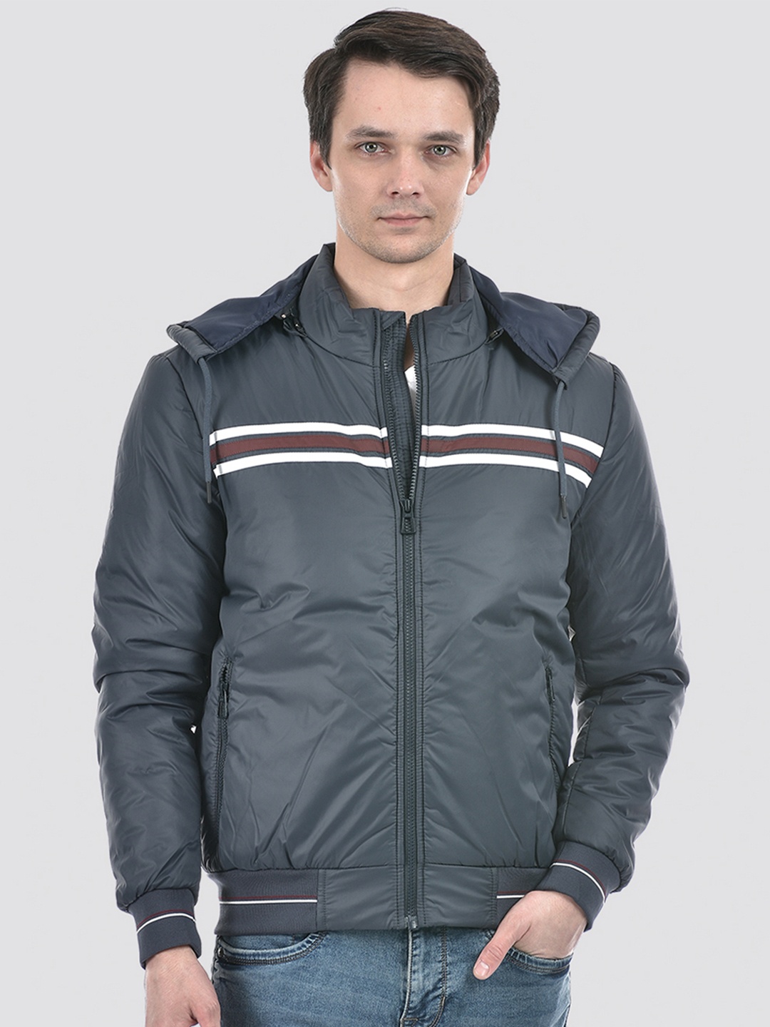 

Numero Uno Mock Collar Striped Lightweight Bomber Jacket With Detachable Hood, Navy blue