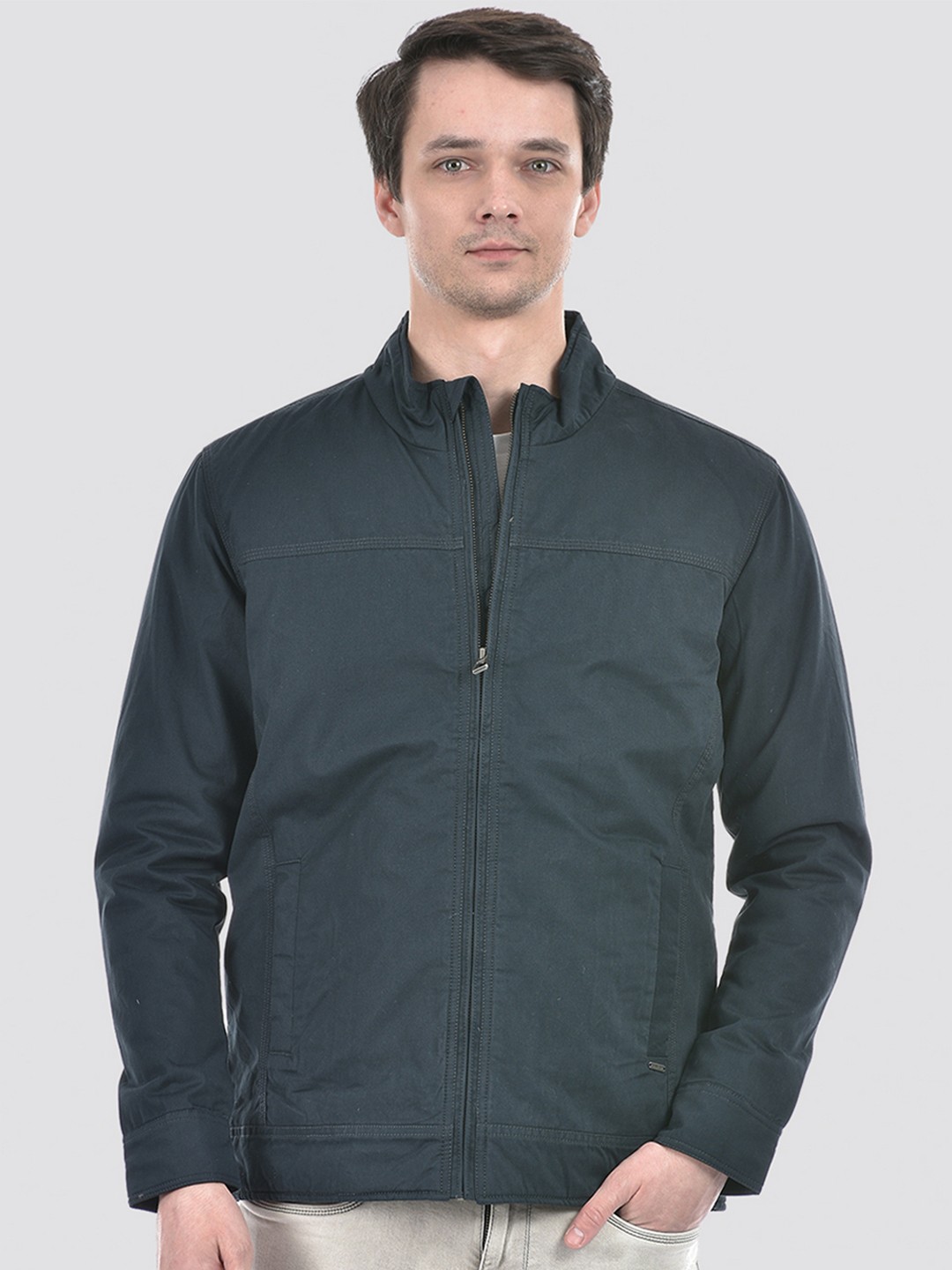 

Numero Uno Mock Collar Lightweight Pure Cotton Tailored Jacket, Navy blue