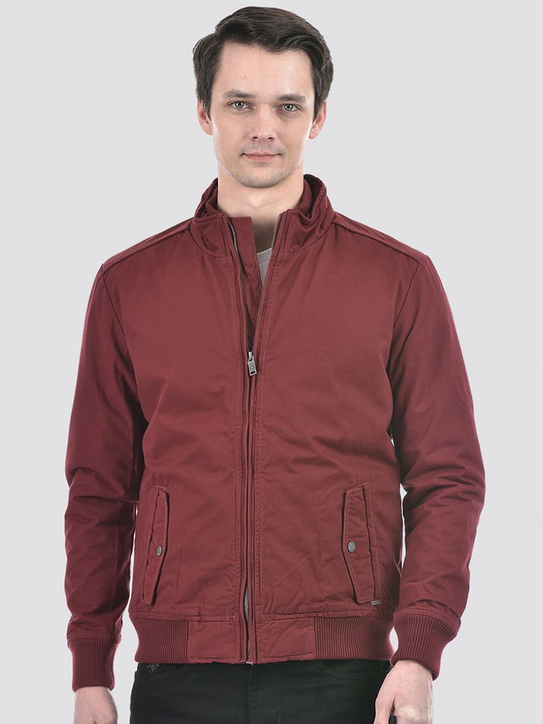 

Numero Uno Mock Collar Lightweight Pure Cotton Bomber Jacket, Maroon