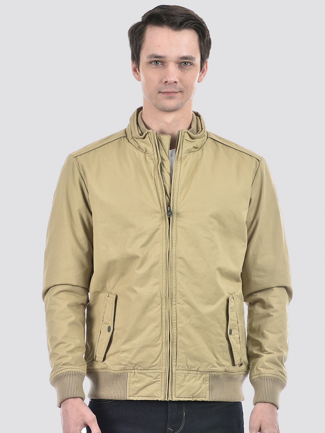 

Numero Uno Stand Collar Lightweight Cotton Bomber Jacket, Beige