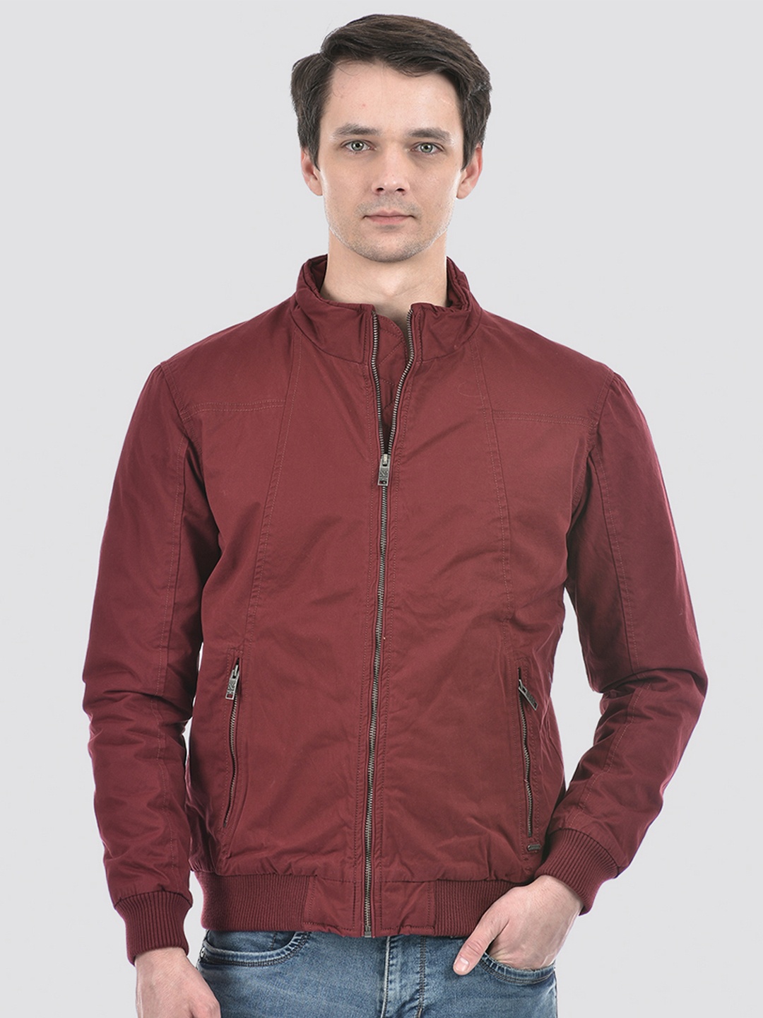 

Numero Uno Stand Collar Lightweight Pure Cotton Bomber Jacket, Maroon