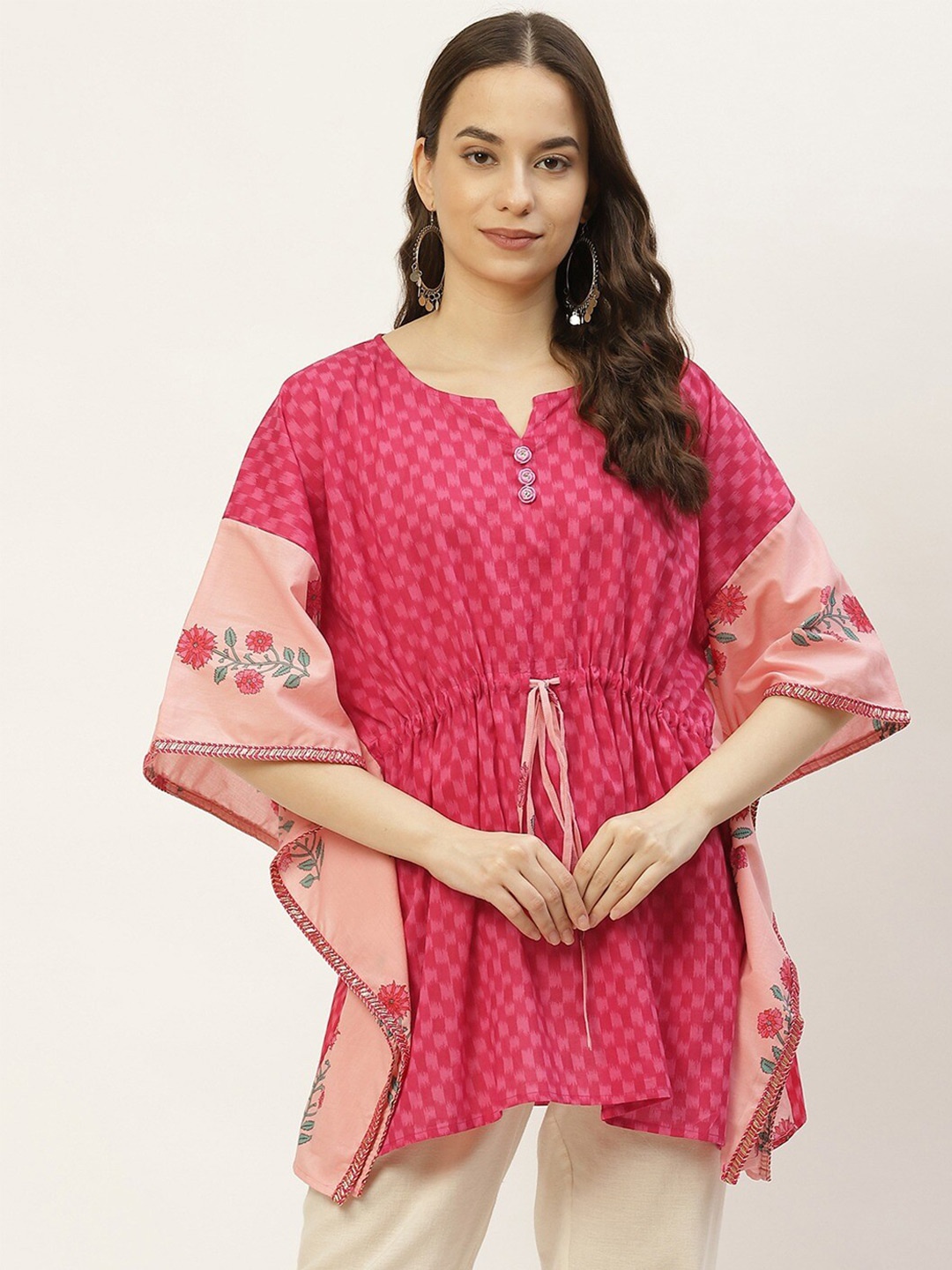 

FABRIC FITOOR Floral Printed Waist Tie-Up Cotton Kaftan Top, Pink