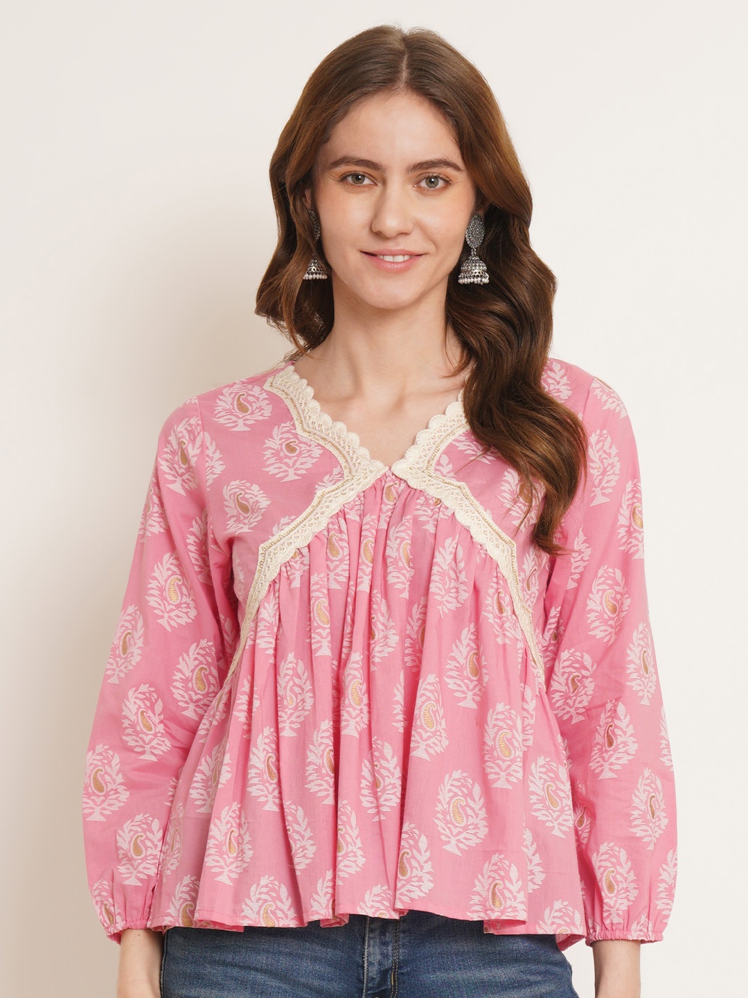

FABRIC FITOOR Ethnic Motifs Print Puff Sleeve Cotton Top, Pink