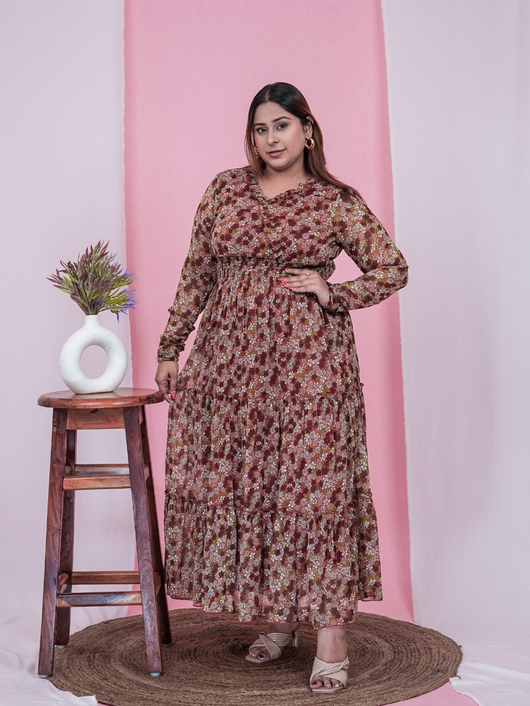 

DEEBACO Plus Size Floral Printed Chiffon Smocked Tiered Maxi Dress, Maroon