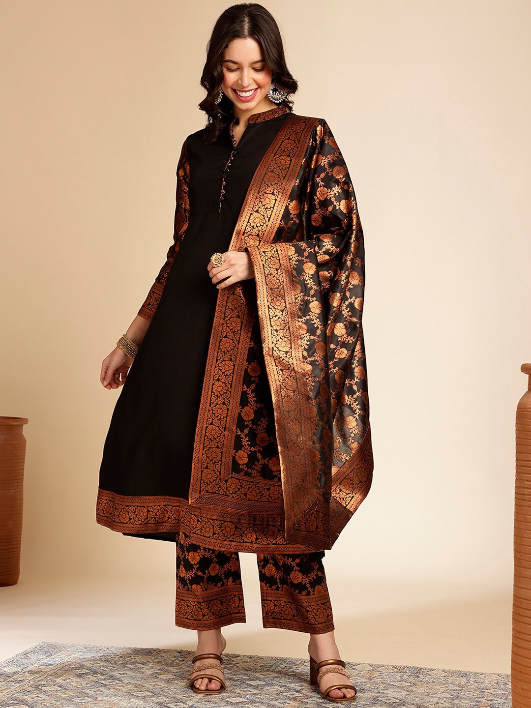 

Anouk Ethnic Motifs Zari Regular Kurta with Palazzos & Dupatta, Black