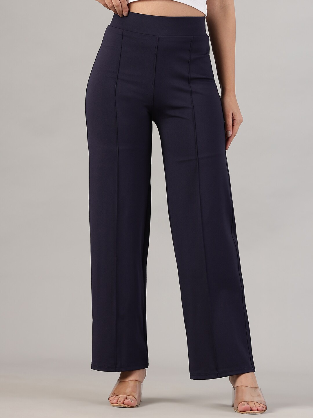 

FITHUB Straight Fit High-Rise Travel Features Cotton Parallel Trousers, Navy blue