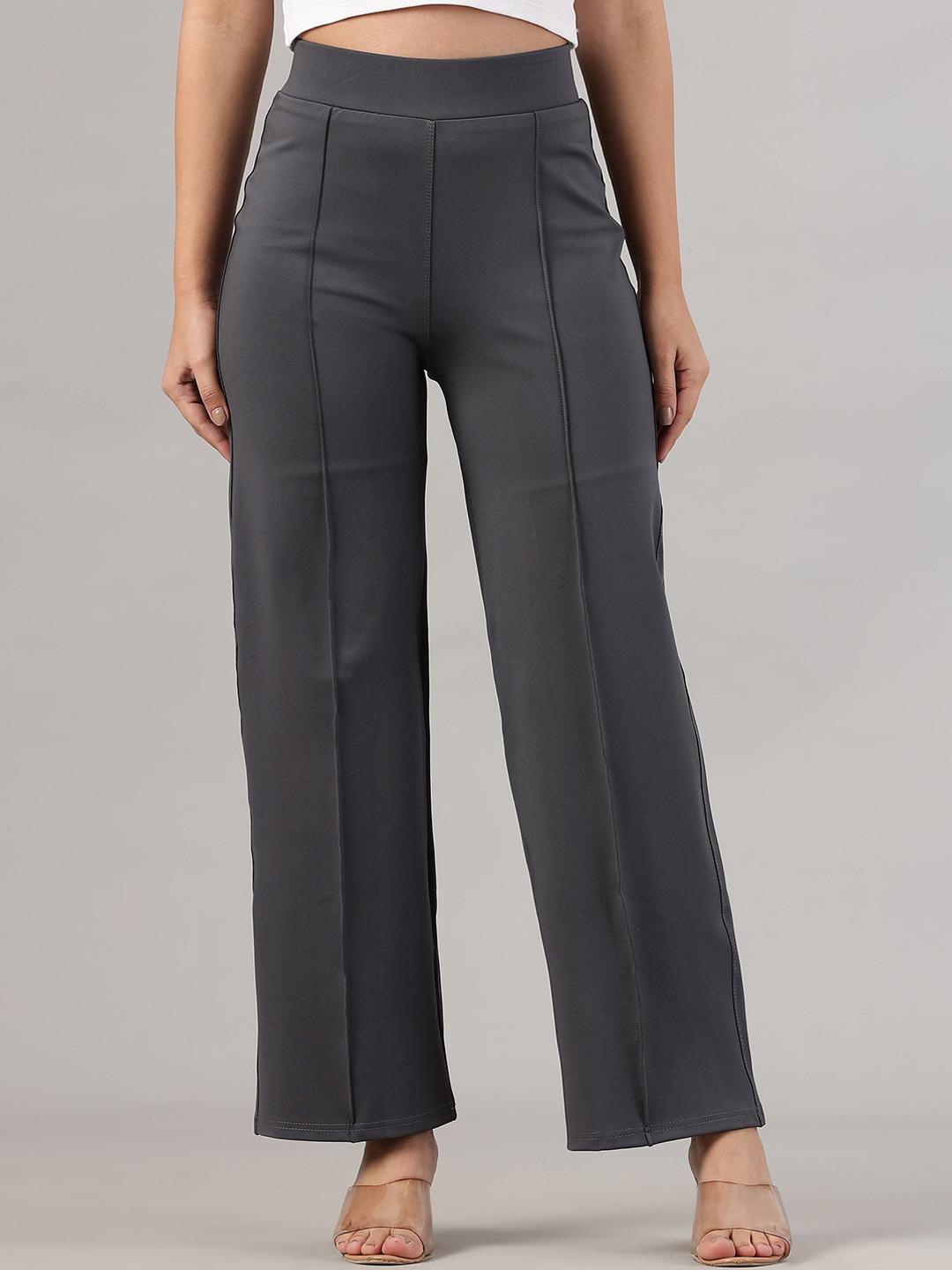 

FITHUB Women Straight Fit High-Rise Cotton Trousers, Grey