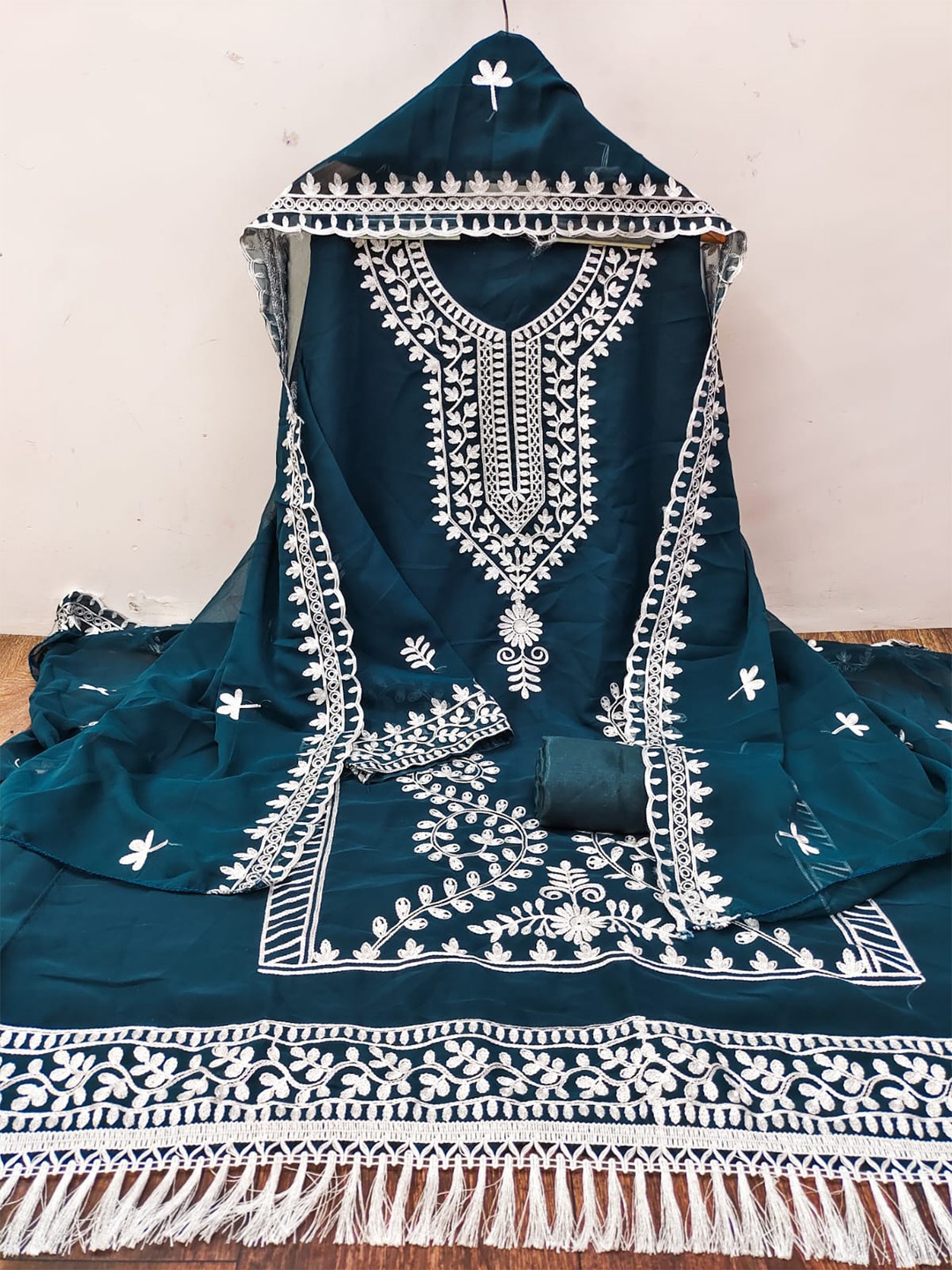 

ZEEPKART Ethnic Motifs Embroidered Unstitched Dress Material, Teal