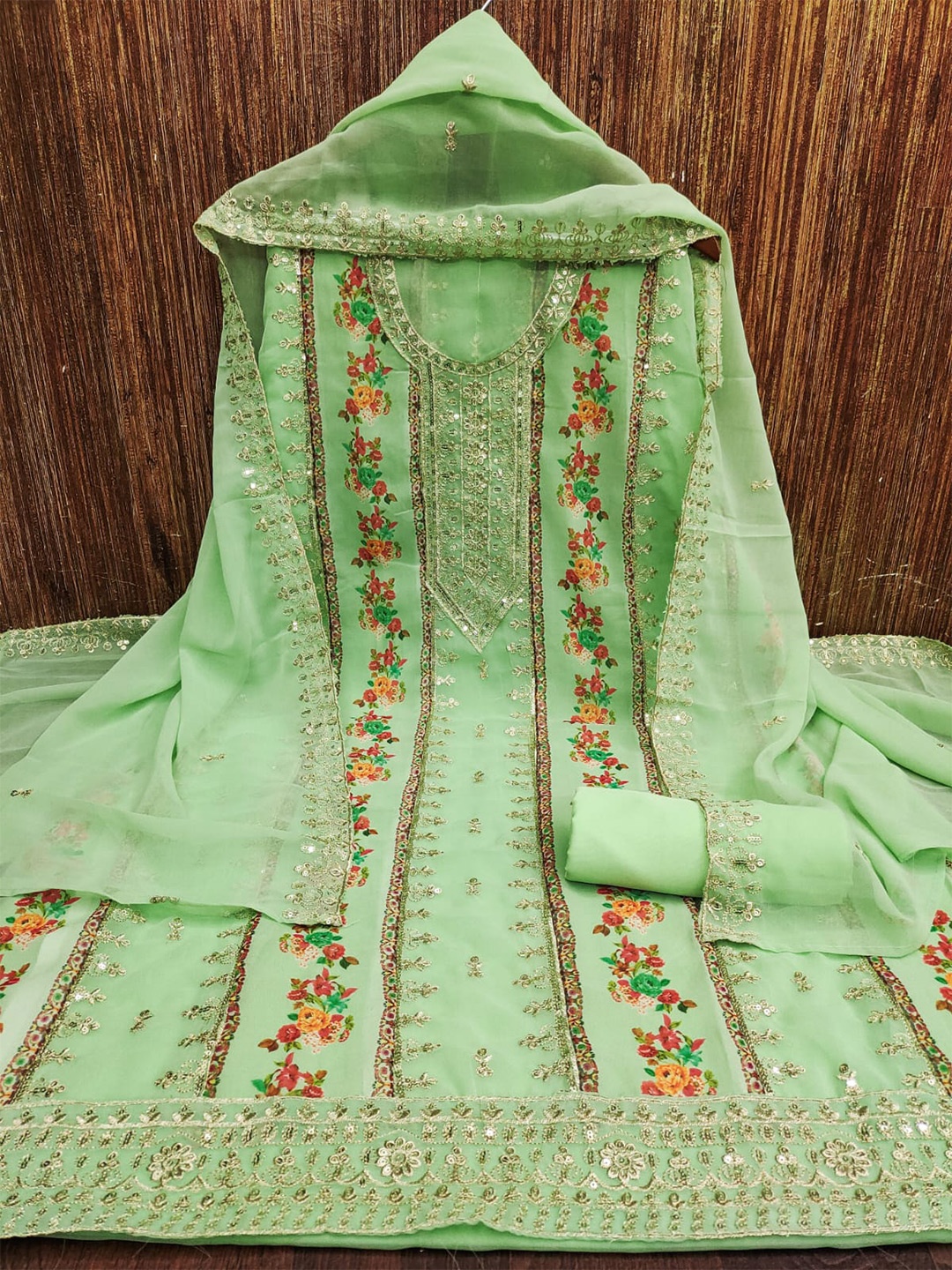

ZEEPKART Floral Embroidered Sequinned Unstitched Dress Material, Green