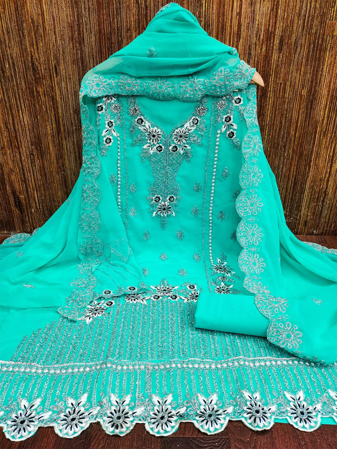 

ZEEPKART Ethnic Motifs Embroidered Zari Unstitched Dress Material, Sea green