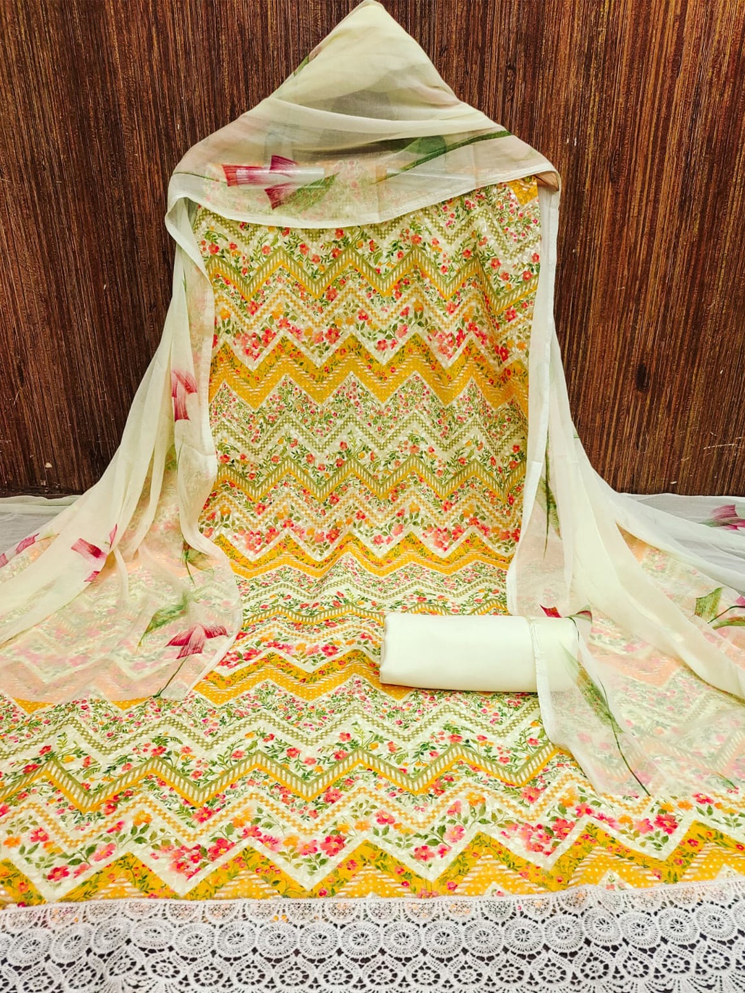 

ZEEPKART Floral Printed Unstitched Dress Material, Yellow