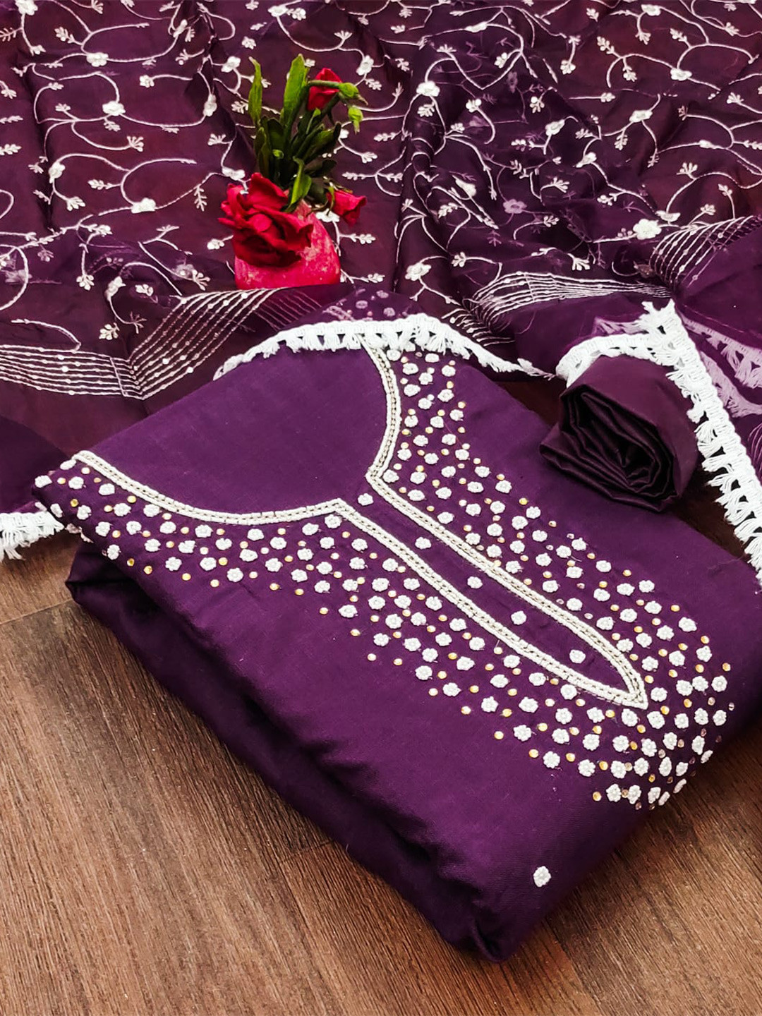 

ZEEPKART Floral Embellished Beads and Stones Unstitched Dress Material, Purple