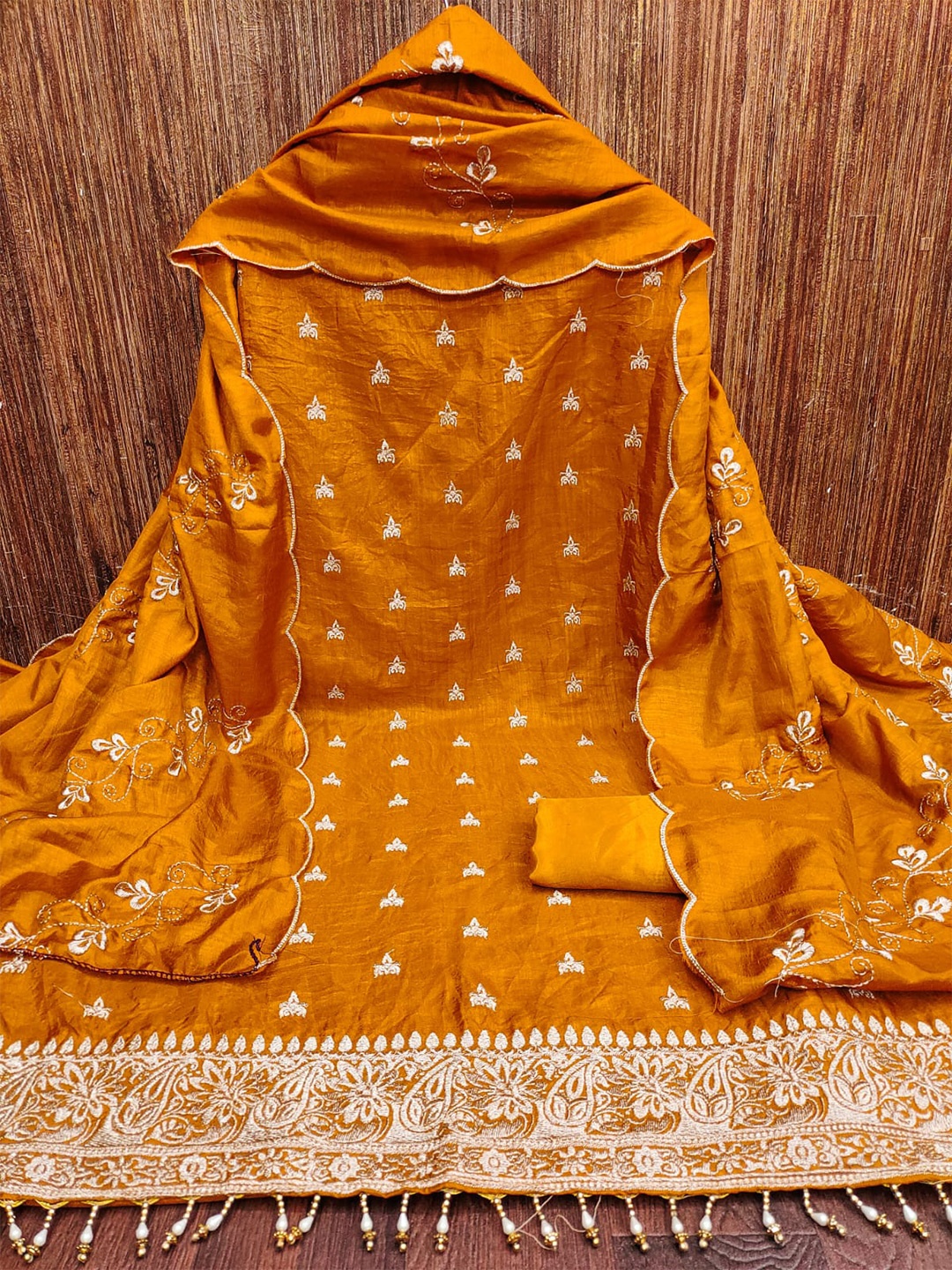

ZEEPKART Ethnic Motifs Embroidered Zari Unstitched Dress Material, Mustard